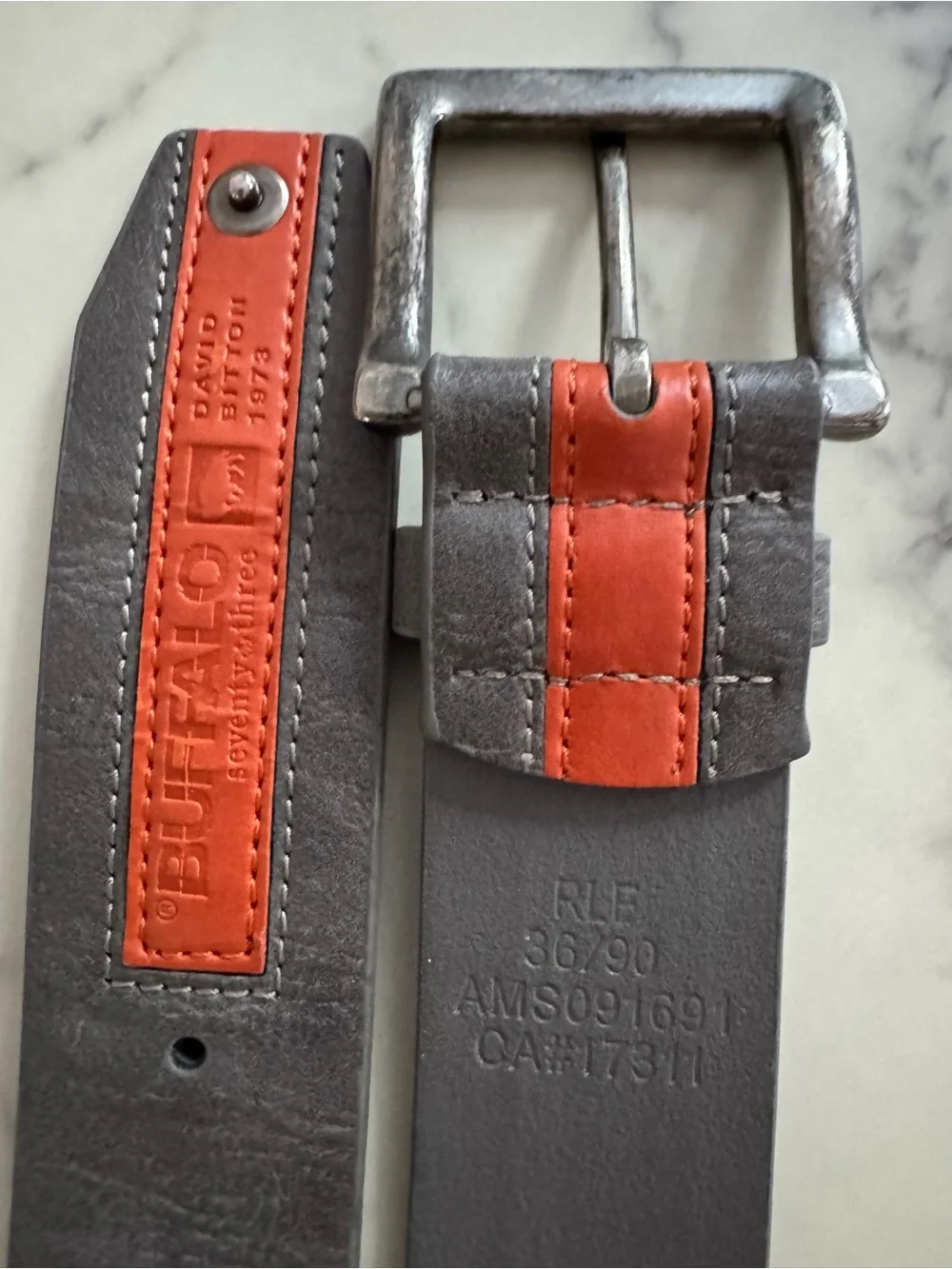 Men’s Buffalo David Bitton Gray Leather Belt w/ Orange “Seventy Three” Embossed